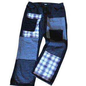 Men’s Hippie Patchwork Jeans, 36x30: Grunge Black Jeans with Gray Black Patches